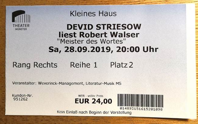 DEVID STRIESOW - benutztes Ticket für eine seiner Lesungen 2019 DEVID STRIESOW - benutztes Ticket für eine seiner Lesungen 2019