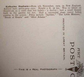 Colorierte "echt-Foto" Postkarte - KATHARINE HEPBURN