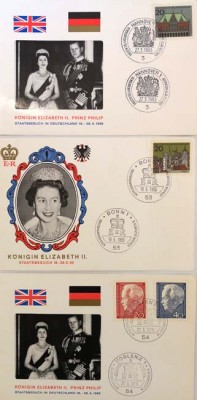 QUEEN ELIZABETH - 3x Ersttagsstempel von Ihrem Staatsbesuch 1965